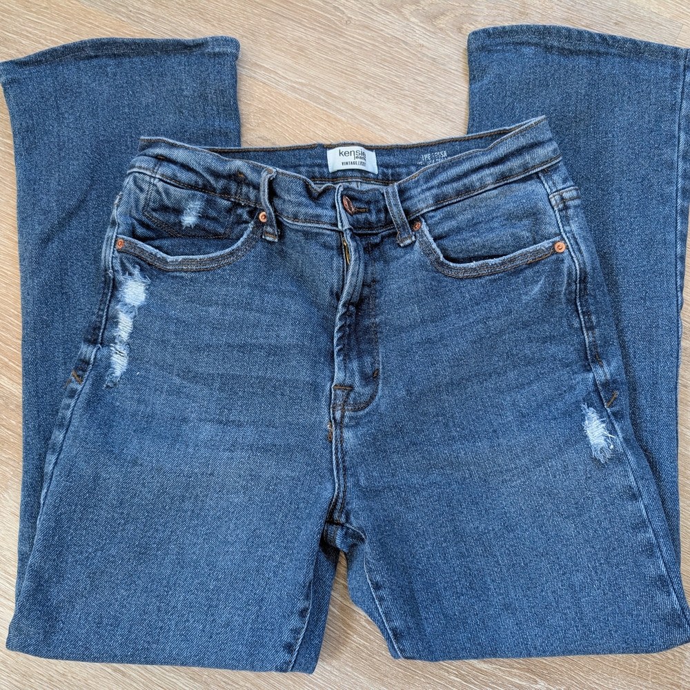 Kensie Women's Distressed Straight Leg Jeans - Dark Blue